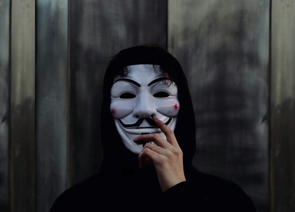 person wearing Guy Fawkes mask