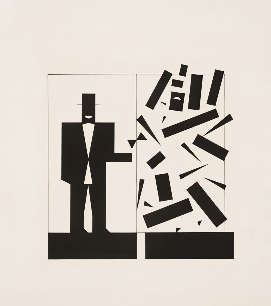 Stylized man in suit next to abstract falling shapes