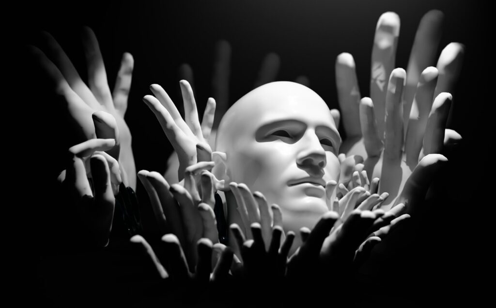A black and white photo of a mannequin's head