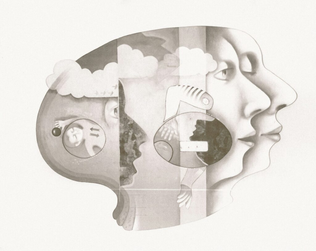 Surreal profile of faces and abstract elements.